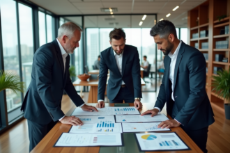 Trois professionnels discutent autour d'une table moderne en bureau