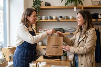 Commerçante remettant un sachet avec logo imprimé à une cliente dans une boutique indépendante