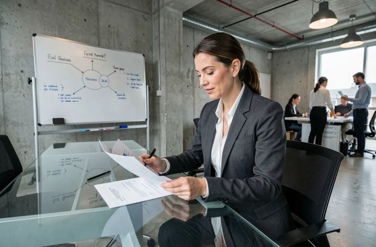 Professionnelle en assurance examinant un rapport d'expertise dans un bureau moderne pour SAS Offensive Expertise