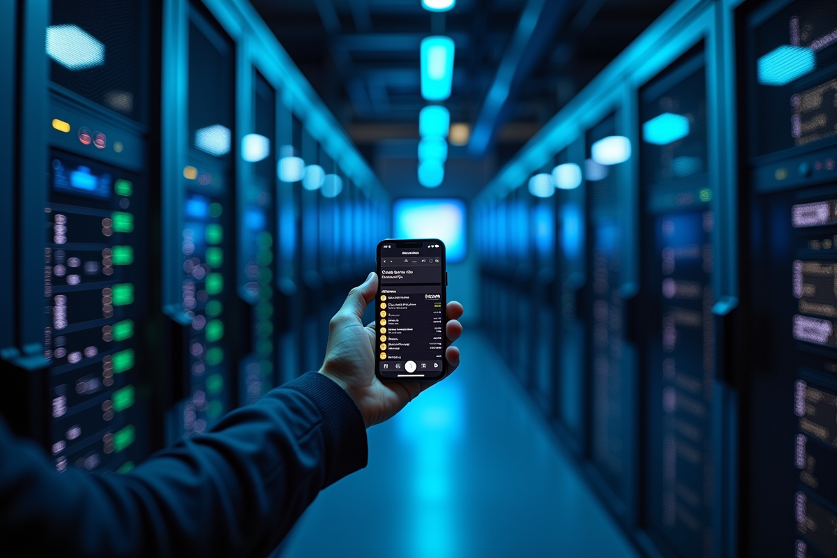 Salle serveurs avec moniteurs lumineux et portefeuille crypto