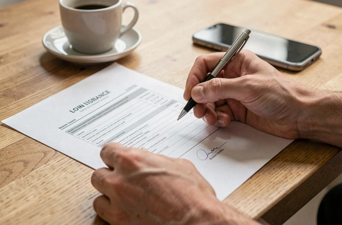 Gros plan de mains signant un contrat d'assurance emprunteur avec couverture IPP sur une table en bois