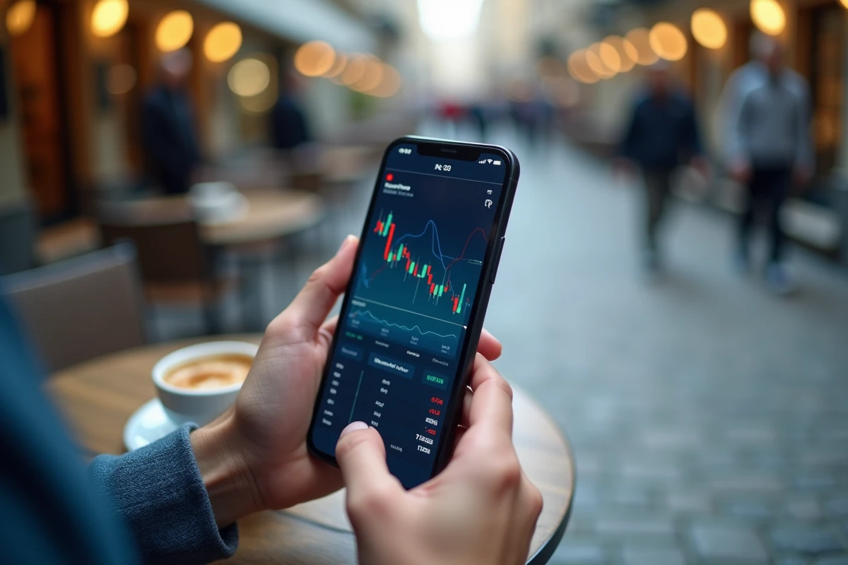 Mains tenant un smartphone affichant une application de suivi du taux EUR en temps réel sur une terrasse de café urbain