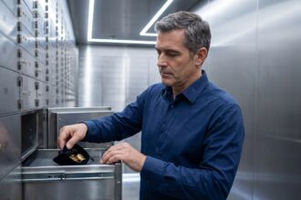 Homme déposant des pièces d'or dans un coffre bancaire sécurisé, illustrant le stockage de métaux précieux hors domicile