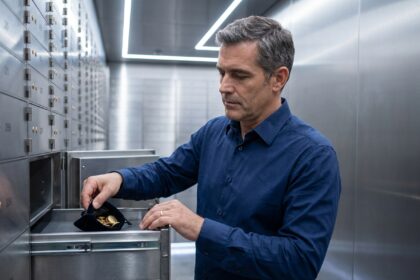 Homme déposant des pièces d'or dans un coffre bancaire sécurisé, illustrant le stockage de métaux précieux hors domicile
