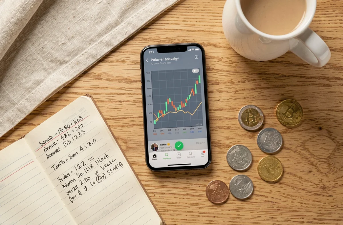 Vue aérienne d'un bureau avec smartphone affichant un graphique de stratégie d'investissement en bitcoin et cahier de notes