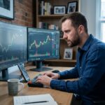 Homme analysant les cours des cryptomonnaies en temps réel sur un grand écran courbe dans un bureau à domicile moderne