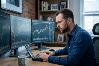 Homme analysant les cours des cryptomonnaies en temps réel sur un grand écran courbe dans un bureau à domicile moderne