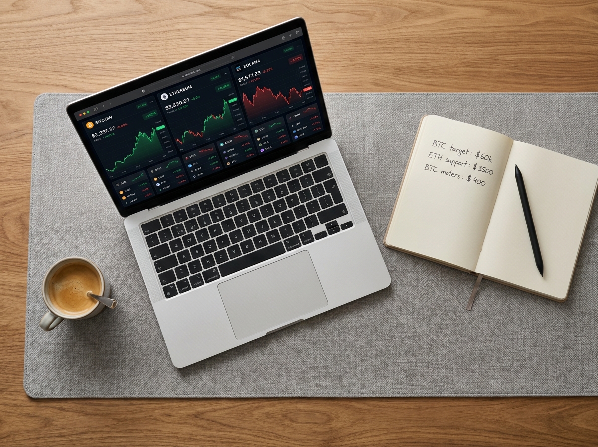 Vue aérienne d'un bureau minimaliste avec un tableau de bord de cryptomonnaies ouvert sur un ordinateur portable et des notes manuscrites sur les cours