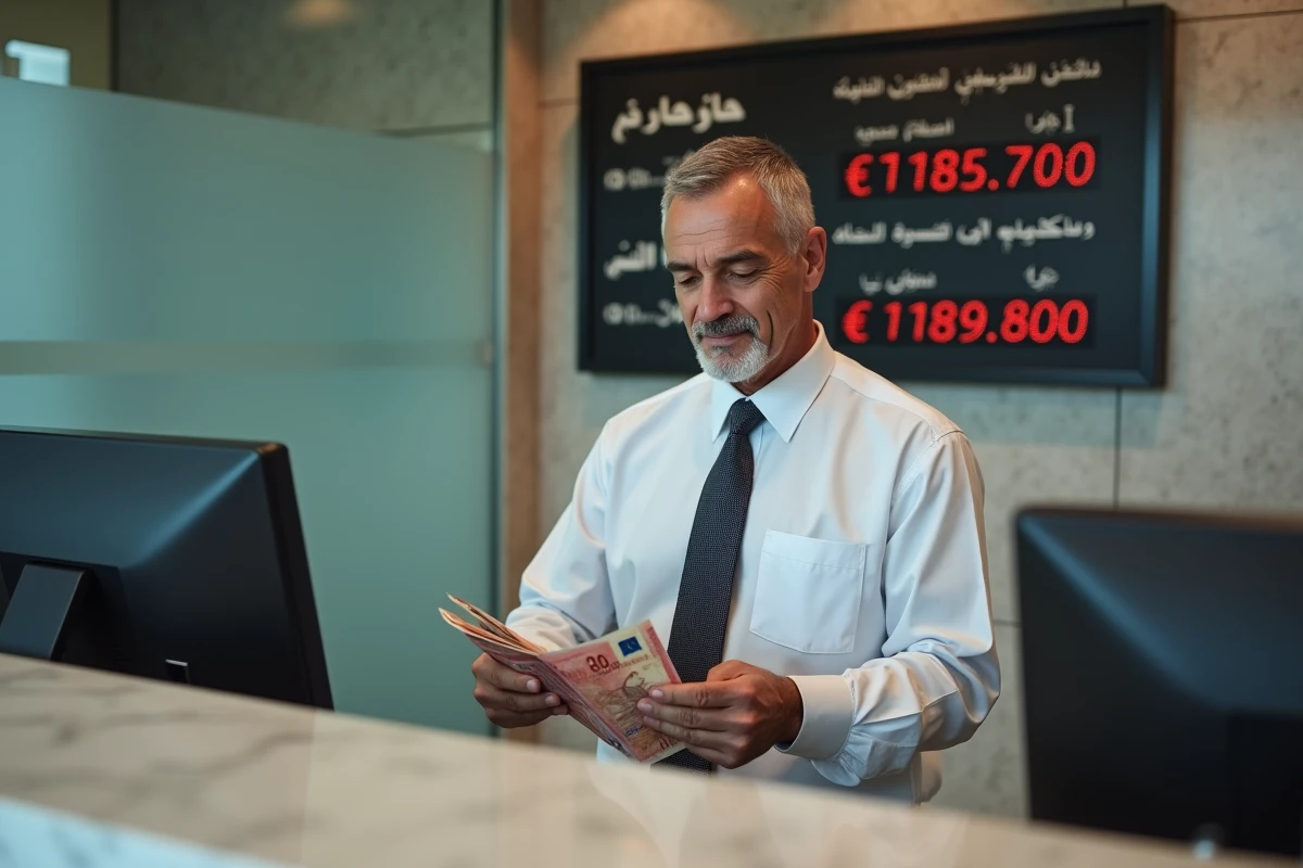 Caissier de banque marocaine comptant des billets en euros devant un tableau des taux de change dirham-euro