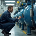 Technicien industriel vérifiant un panneau de contrôle EPA pour air liquide dans une installation industrielle
