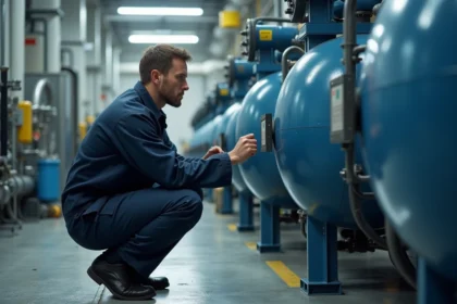 Technicien industriel vérifiant un panneau de contrôle EPA pour air liquide dans une installation industrielle
