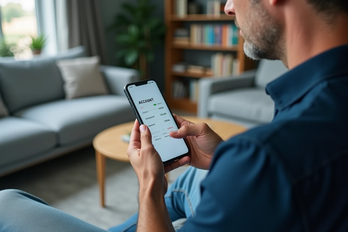 Homme téléchargeant ses relevés bancaires La Banque Postale sur smartphone depuis son salon