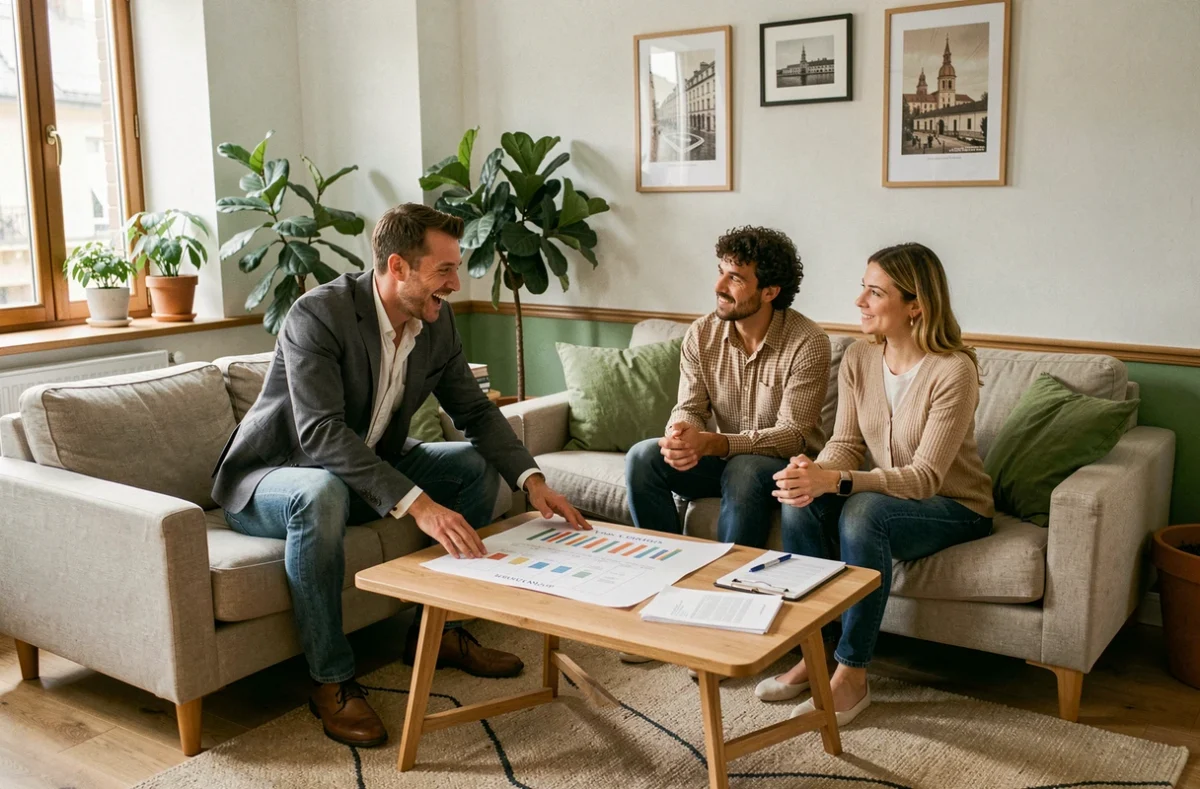 Conseiller patrimonial Thibault à Brest présentant un calendrier financier à des clients dans un bureau convivial aux tons bois et verts