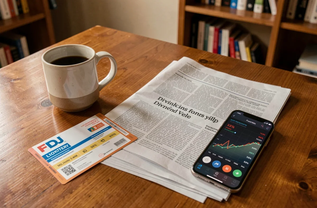Ticket FDJ et journal financier ouvert sur un article de dividende 2026 posés sur une table en bois avec un smartphone affichant un portefeuille boursier