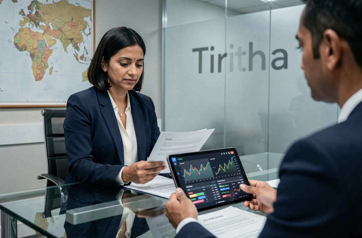 Conseillère de Tirtha Financial Advisory examinant des documents d'investissement internationaux avec un client dans un bureau sophistiqué aux références mondiales
