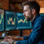 Trader analysant un pattern double bottom sur plusieurs écrans de trading dans un bureau à domicile moderne