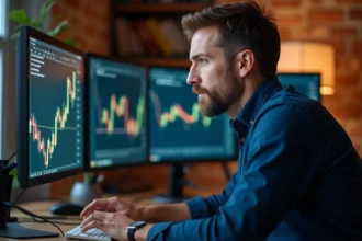 Trader analysant un pattern double bottom sur plusieurs écrans de trading dans un bureau à domicile moderne