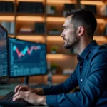 Trader masculin concentré devant des écrans affichant des graphiques de taux de change EUR en temps réel dans un bureau moderne