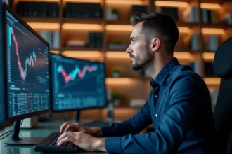 Trader masculin concentré devant des écrans affichant des graphiques de taux de change EUR en temps réel dans un bureau moderne