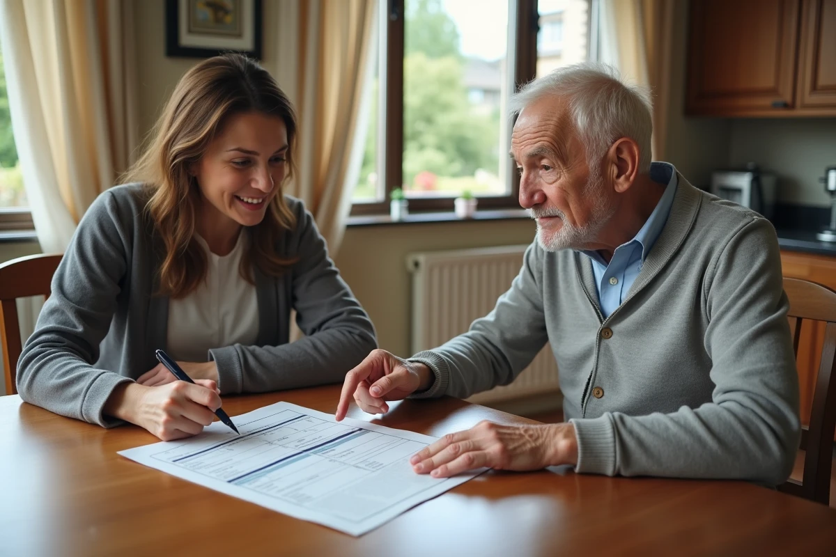 Personne âgée et assistante sociale consultant les frais de tutelle à domicile