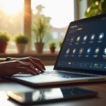 Personne utilisant un ordinateur dans un bureau lumineux avec tableau crypto