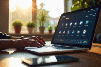 Personne utilisant un ordinateur dans un bureau lumineux avec tableau crypto