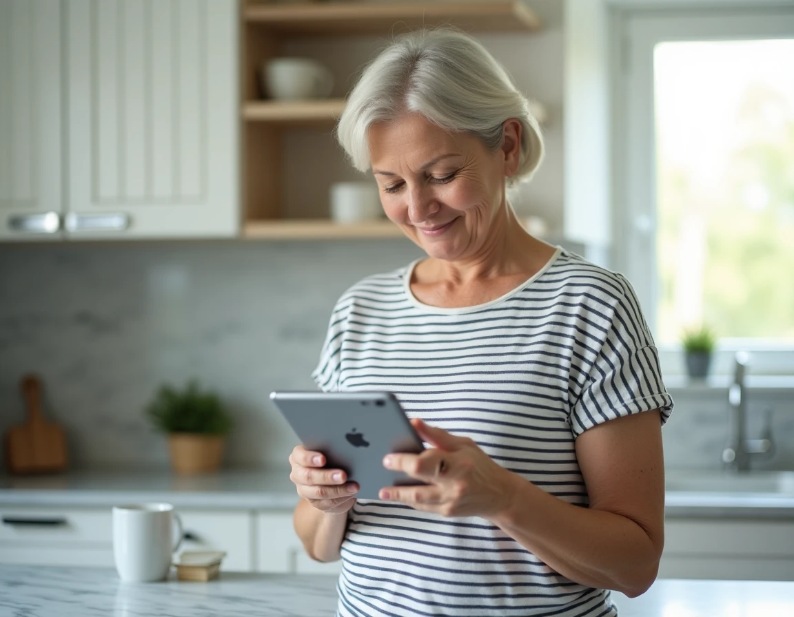 Femme vérifiant un code d'authentification forte LCL sur tablette et téléphone dans une cuisine moderne