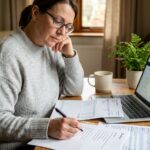 Femme vérifiant des documents bancaires sur un bureau en bois lors d'un changement de banque