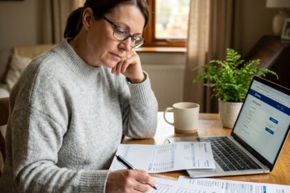 Femme vérifiant des documents bancaires sur un bureau en bois lors d'un changement de banque