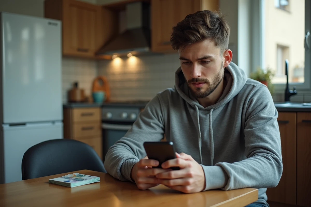 Jeune homme vérifiant la confirmation de réception d'un virement Western Union sur son smartphone à la maison