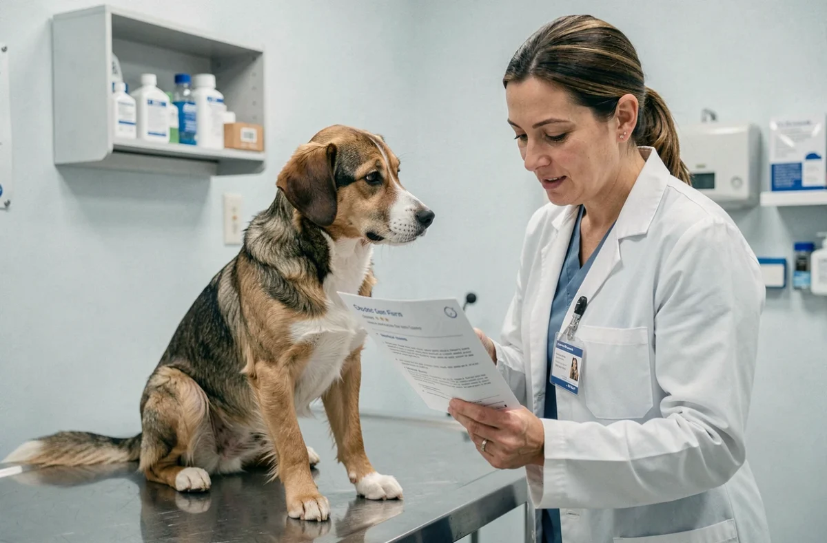 Vétérinaire consultant un bilan d'avis produit avec un chien anxieux lors d'une consultation clinique
