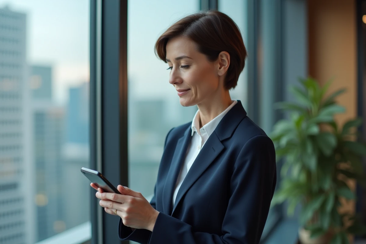 Femme professionnelle validant un virement bancaire en ligne depuis son smartphone dans un bureau en ville