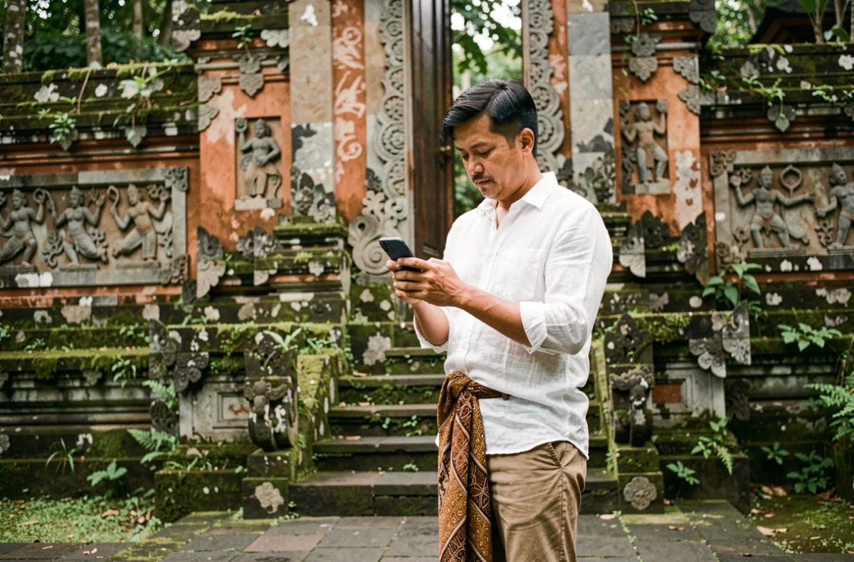 Voyageur vérifiant son assurance voyage sur smartphone devant un temple balinais