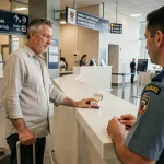 Voyageur présentant un carton de cigarettes à un agent des douanes dans un aéroport espagnol