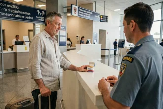 Voyageur présentant un carton de cigarettes à un agent des douanes dans un aéroport espagnol