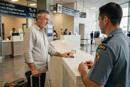 Voyageur présentant un carton de cigarettes à un agent des douanes dans un aéroport espagnol